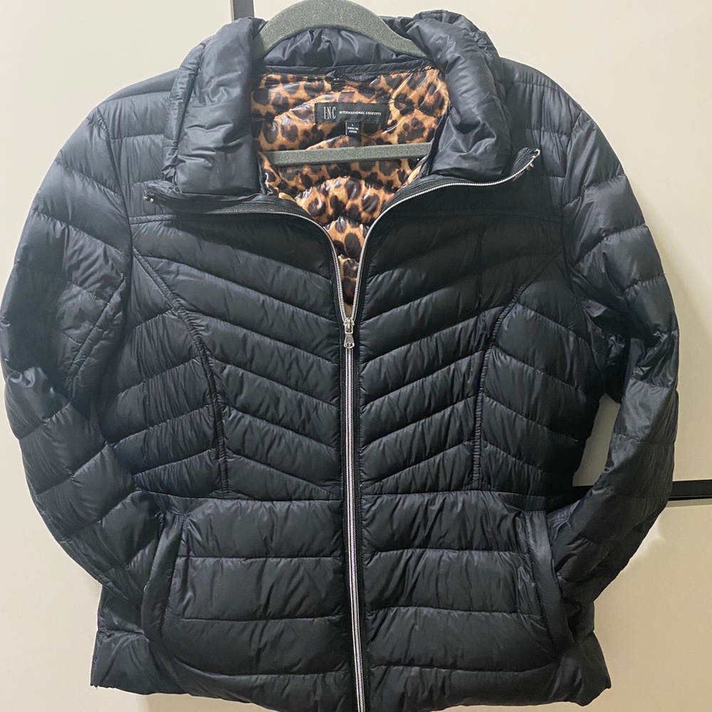 Womens Full Sleeve Down Jacket Black Cheetah Print